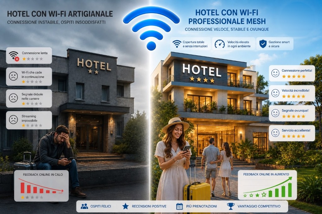 Confronto Hotel con Wi-Fi Artigianale vs Hotel con Wi-Fi Professionale Mesh Ubiquiti